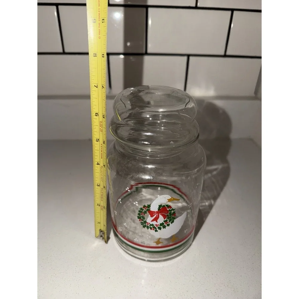Libbey Apothecary Glass Jar W/Lid Christmas Goose & Wreath VINTAGE EUC